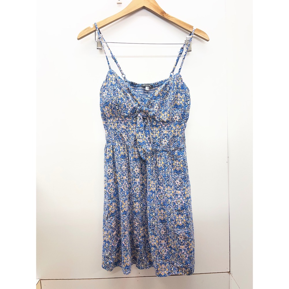 As U Wish Women Blue Floral Paisley Tie Front Smocked Back Mini Dress Size L